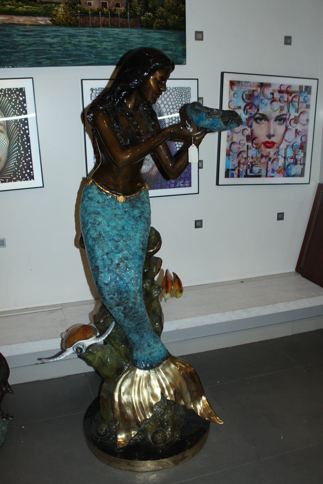 Mermaid holding shell L, W turtle and fish Bronze fountain - 38" x 24" x 68"H.