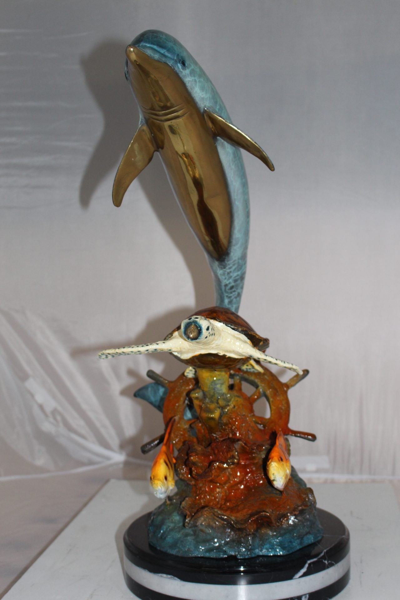 Dolphin turtle and 2 fish Bronze Statue -  Size: 18"L x 16"W x 25"H.