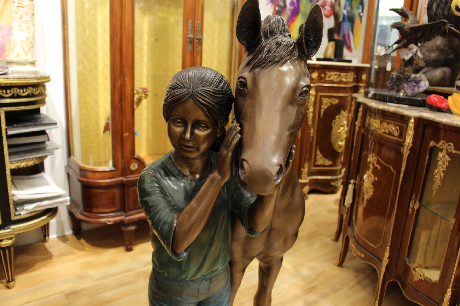 Young Girl and her pony Bronze Statue -  Size: 48"L x 20"W x 48"H.
