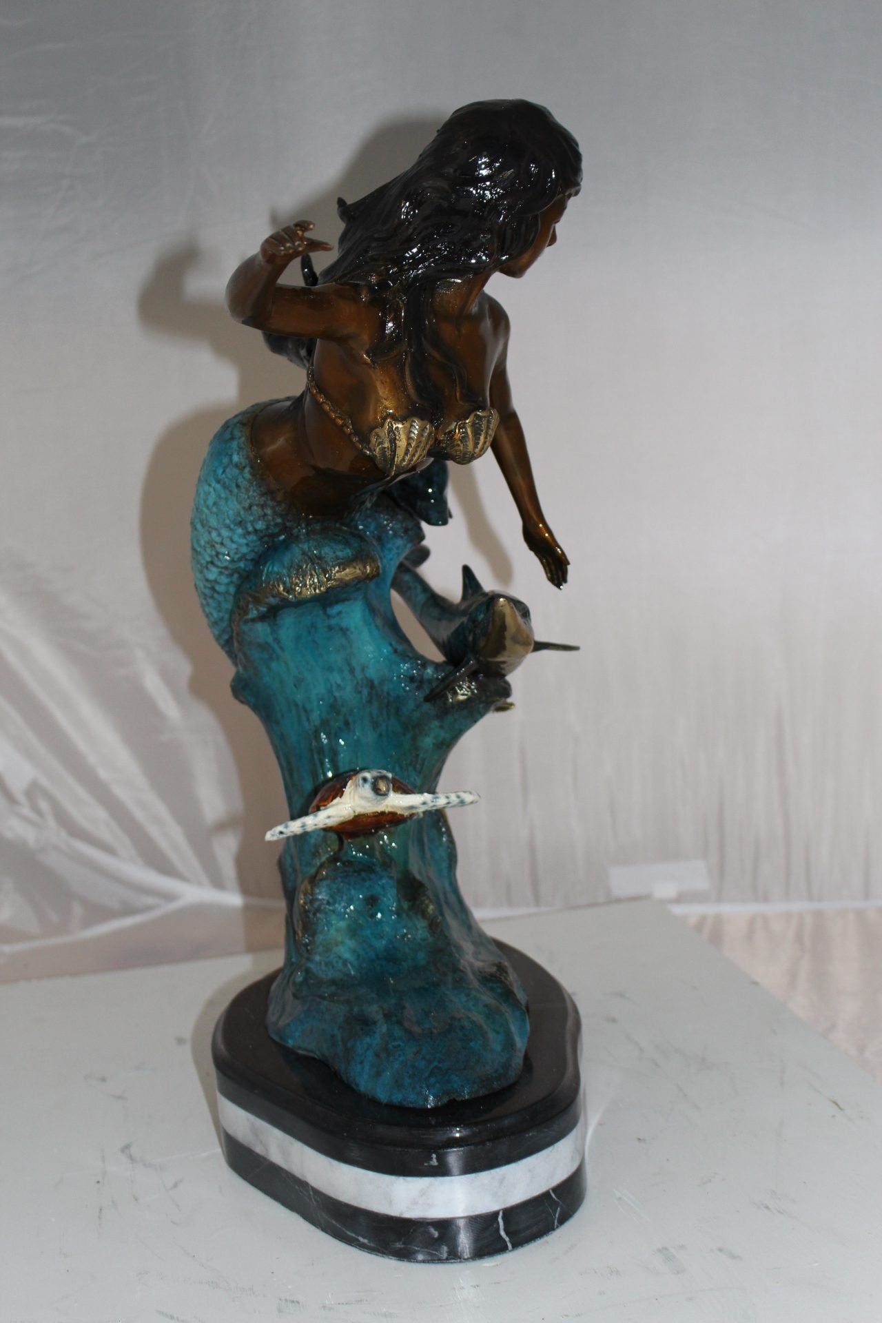 Mermaid w Dolphin and turtle Bronze Statue - Size: 19"L x 9"W x 22"H.
