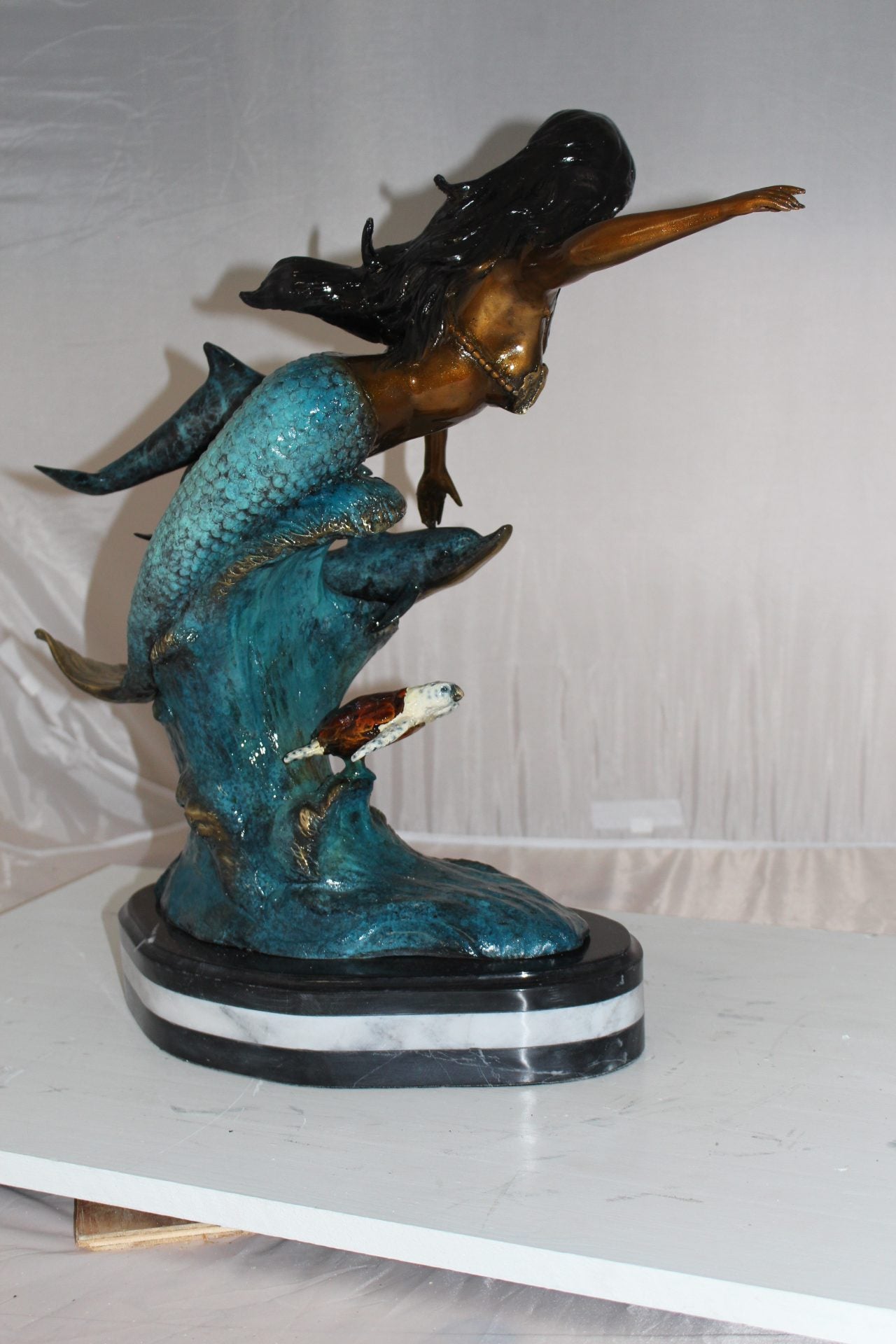 Mermaid w Dolphin and turtle Bronze Statue - Size: 19"L x 9"W x 22"H.