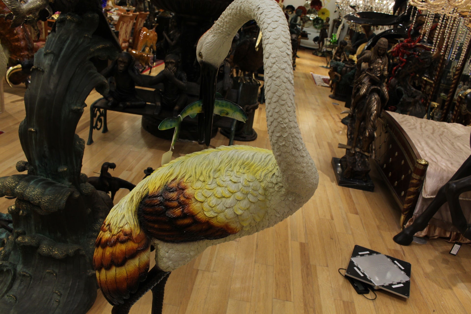 Crane Fountain Head Down Fountain Bronze Statue -  Size: 23"L x 17"W x 56"H.