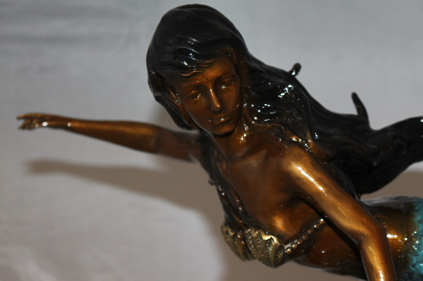 Mermaid w Dolphin and turtle Bronze Statue - Size: 19"L x 9"W x 22"H.
