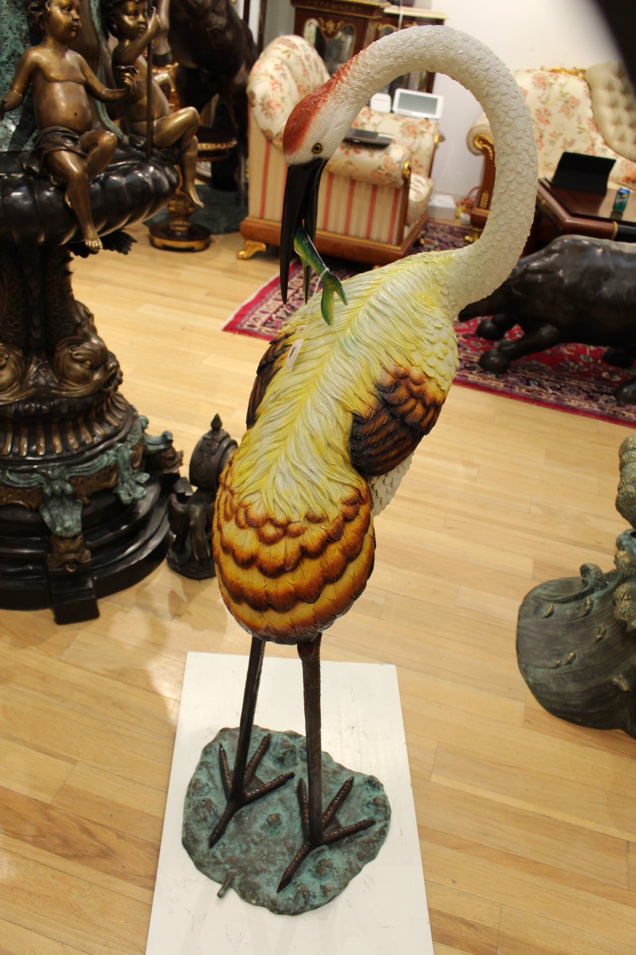 Crane Fountain Head Down Fountain Bronze Statue - Size: 23"L x 17"W x 56"H.