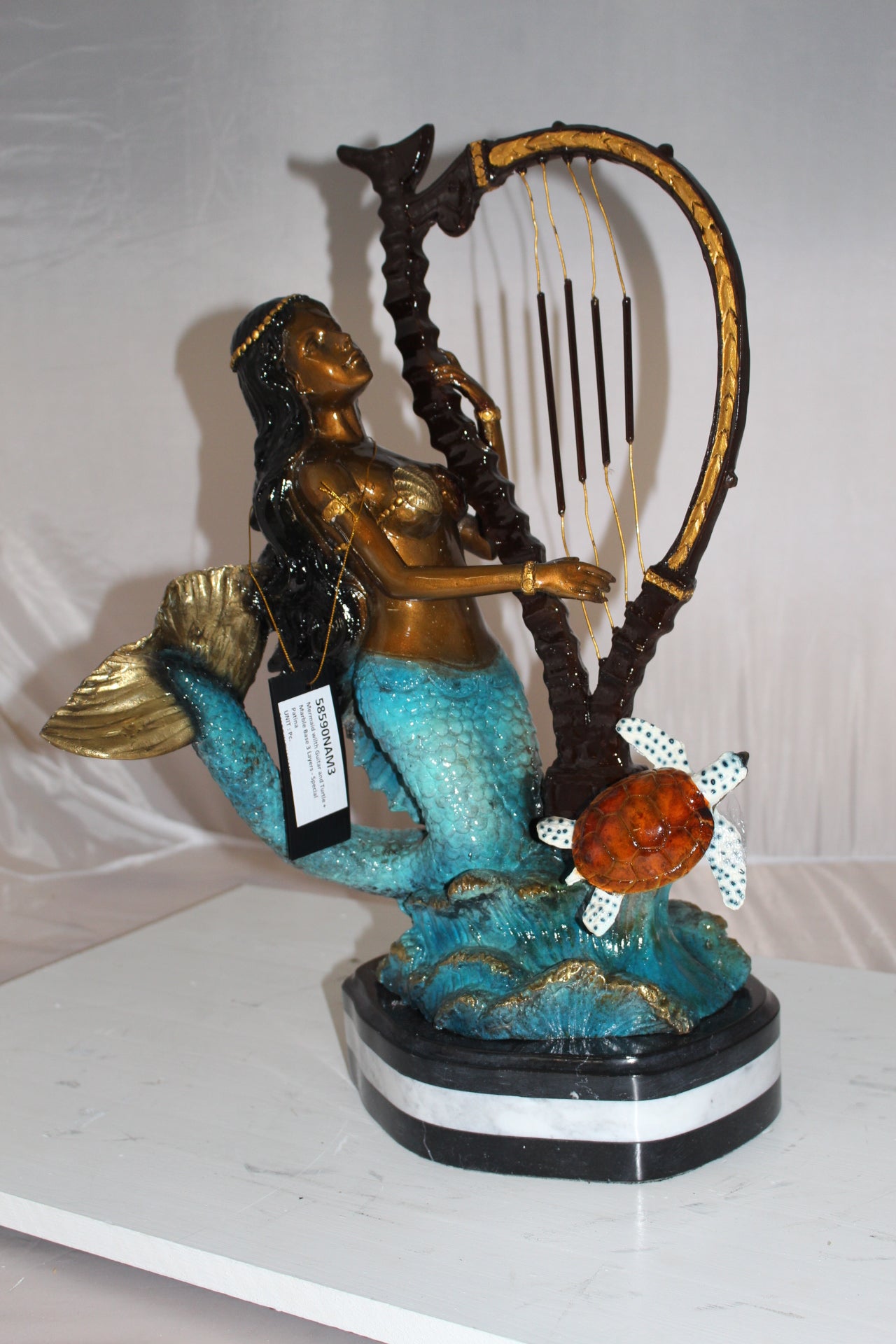 Mermaid play harp Bronze Statue - Size: 13"L x 8"W x 22"H.
