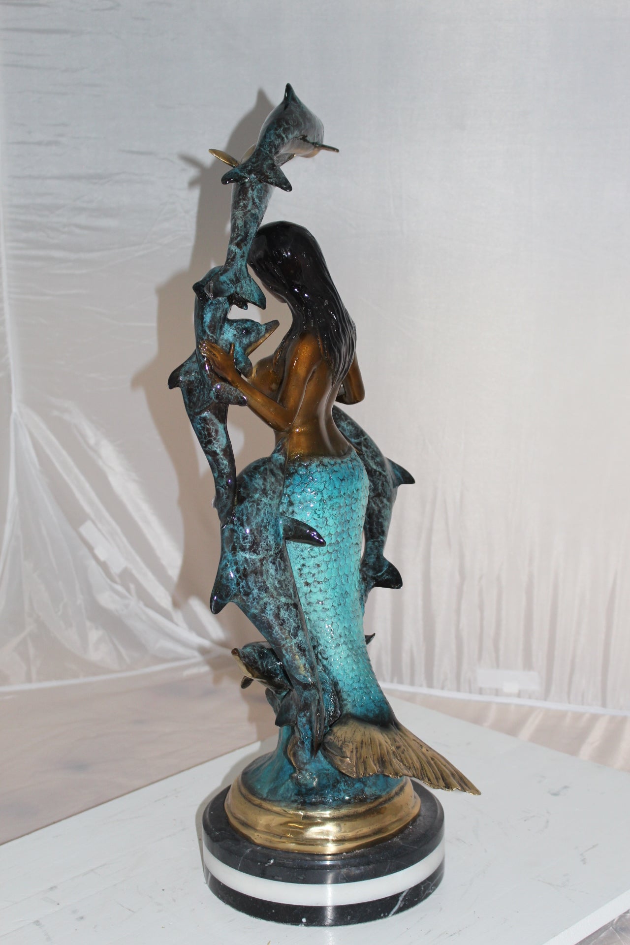 Mermaid w 7 Dolphins Bronze Statue - Size: 12"L x 12"W x 29"H.