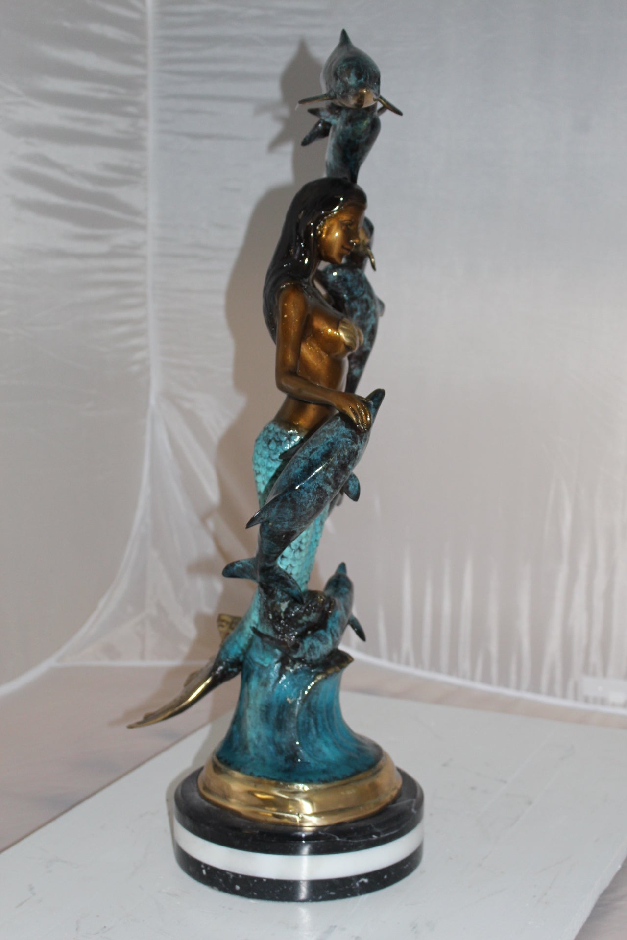 Mermaid w 7 Dolphins Bronze Statue - Size: 12"L x 12"W x 29"H.