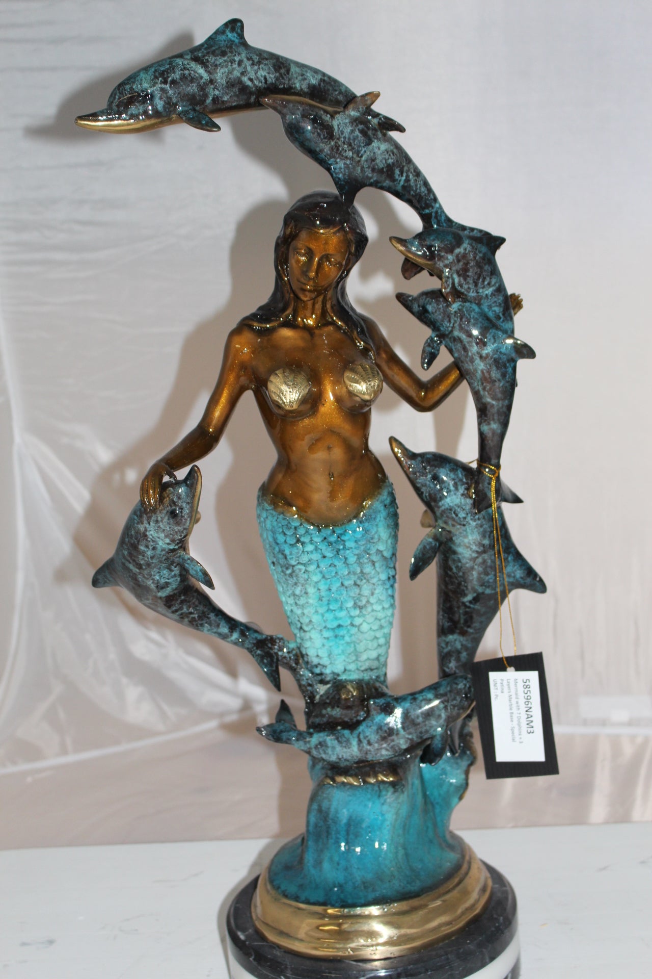 Mermaid w 7 Dolphins Bronze Statue - Size: 12"L x 12"W x 29"H.