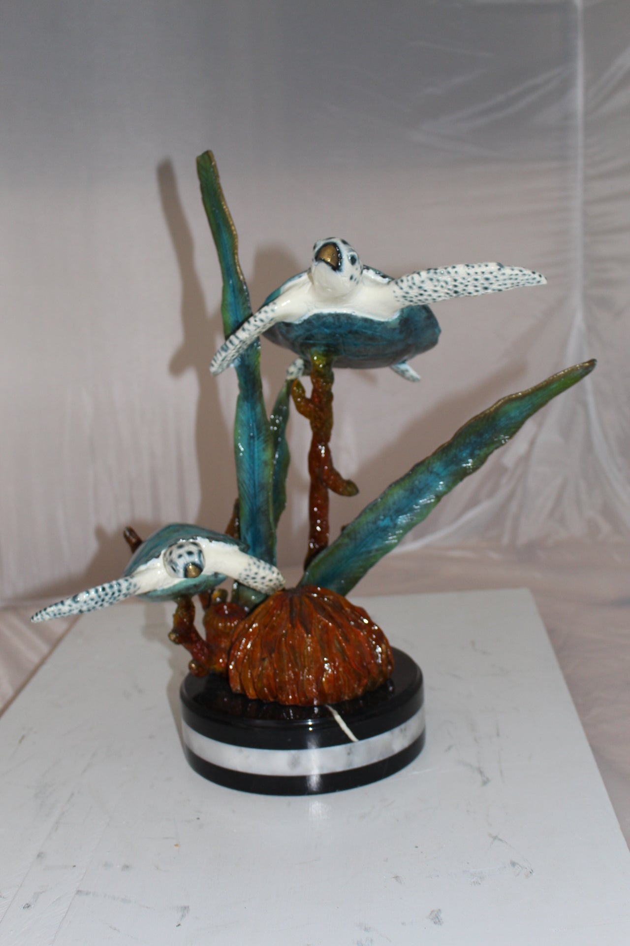 Two Sea Turtles Swimming Bronze Statue - Size: 17"L x 9"W x 20"H.
