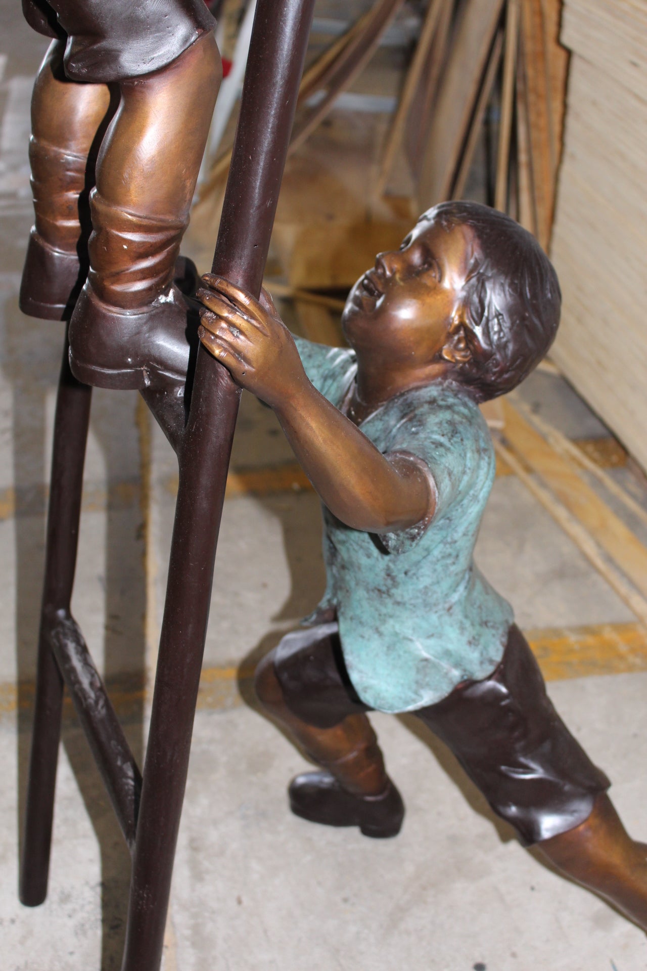 Three kids on a ladder Bronze Statue - Size: 24"L x 22"W x 94"H.