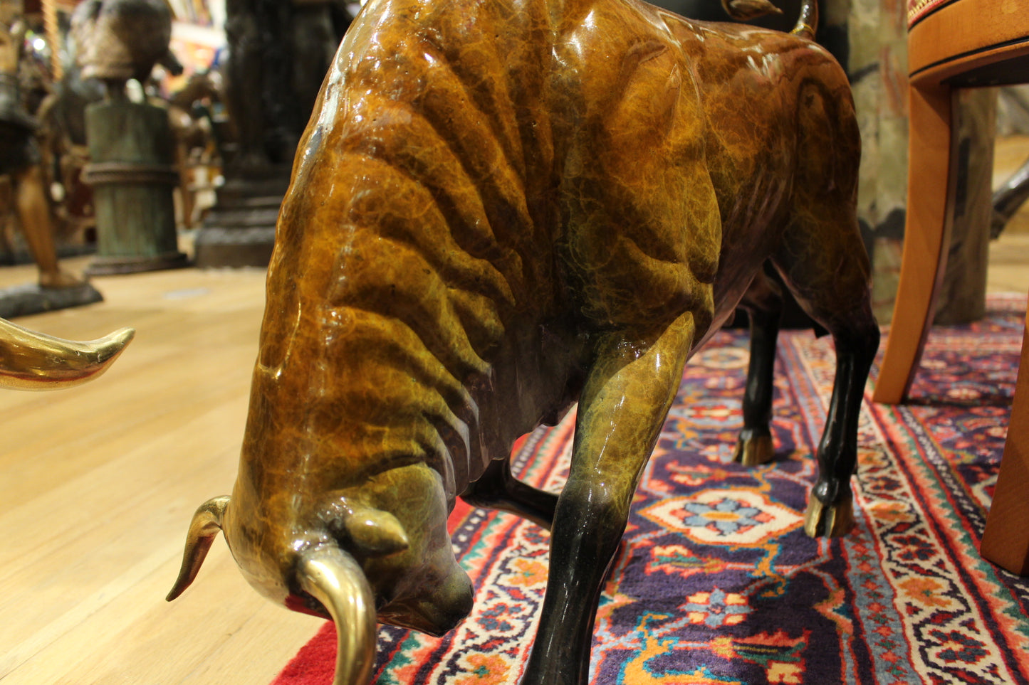 Bull Heads Down Small Bronze Statue - Size: 24"L x 6"W x 16"H.