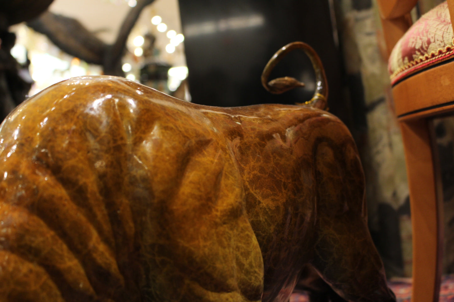 Bull Heads Down Small Bronze Statue - Size: 24"L x 6"W x 16"H.