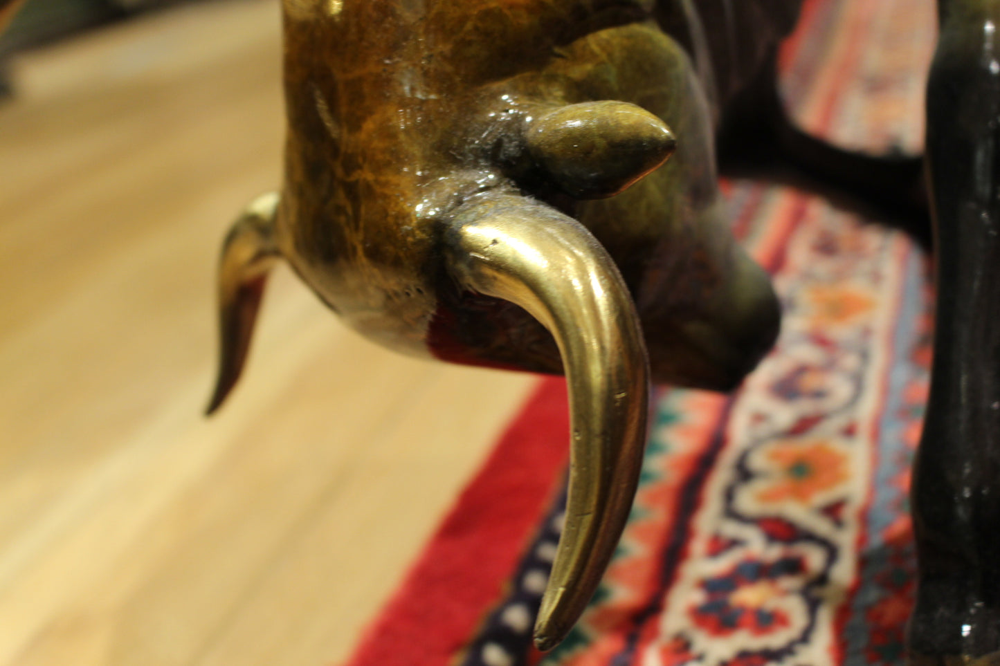 Bull Heads Down Small Bronze Statue - Size: 24"L x 6"W x 16"H.
