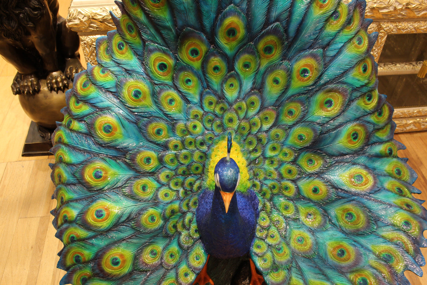 Colorful Peacock Bronze Statue - Size: 24"L x 39"W x 35"H.