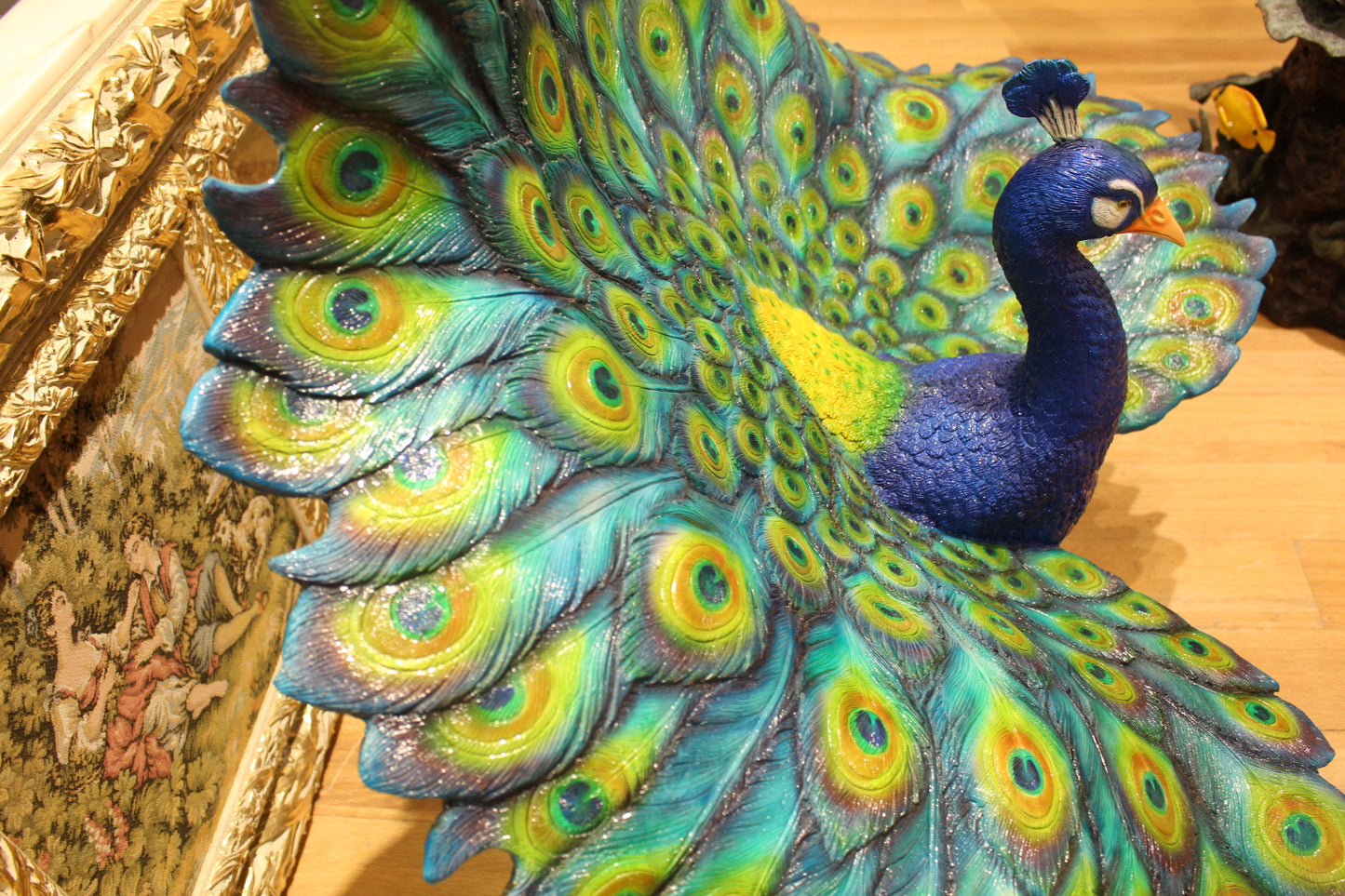 Colorful Peacock Bronze Statue - Size: 24"L x 39"W x 35"H.