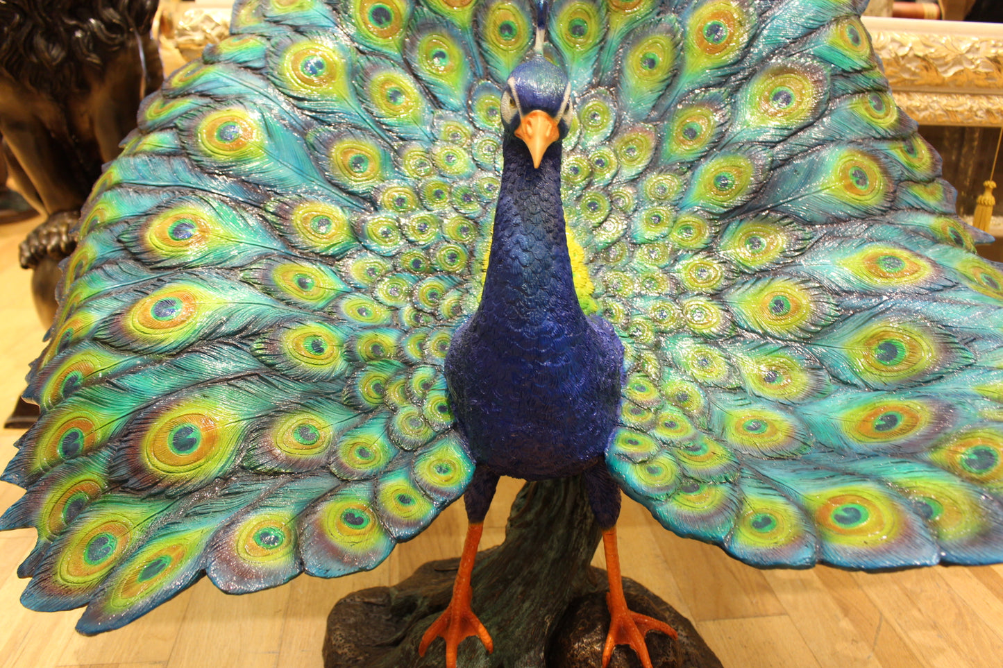 Colorful Peacock Bronze Statue - Size: 24"L x 39"W x 35"H.