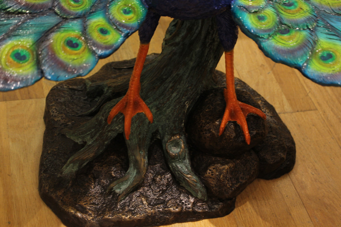 Colorful Peacock Bronze Statue - Size: 24"L x 39"W x 35"H.