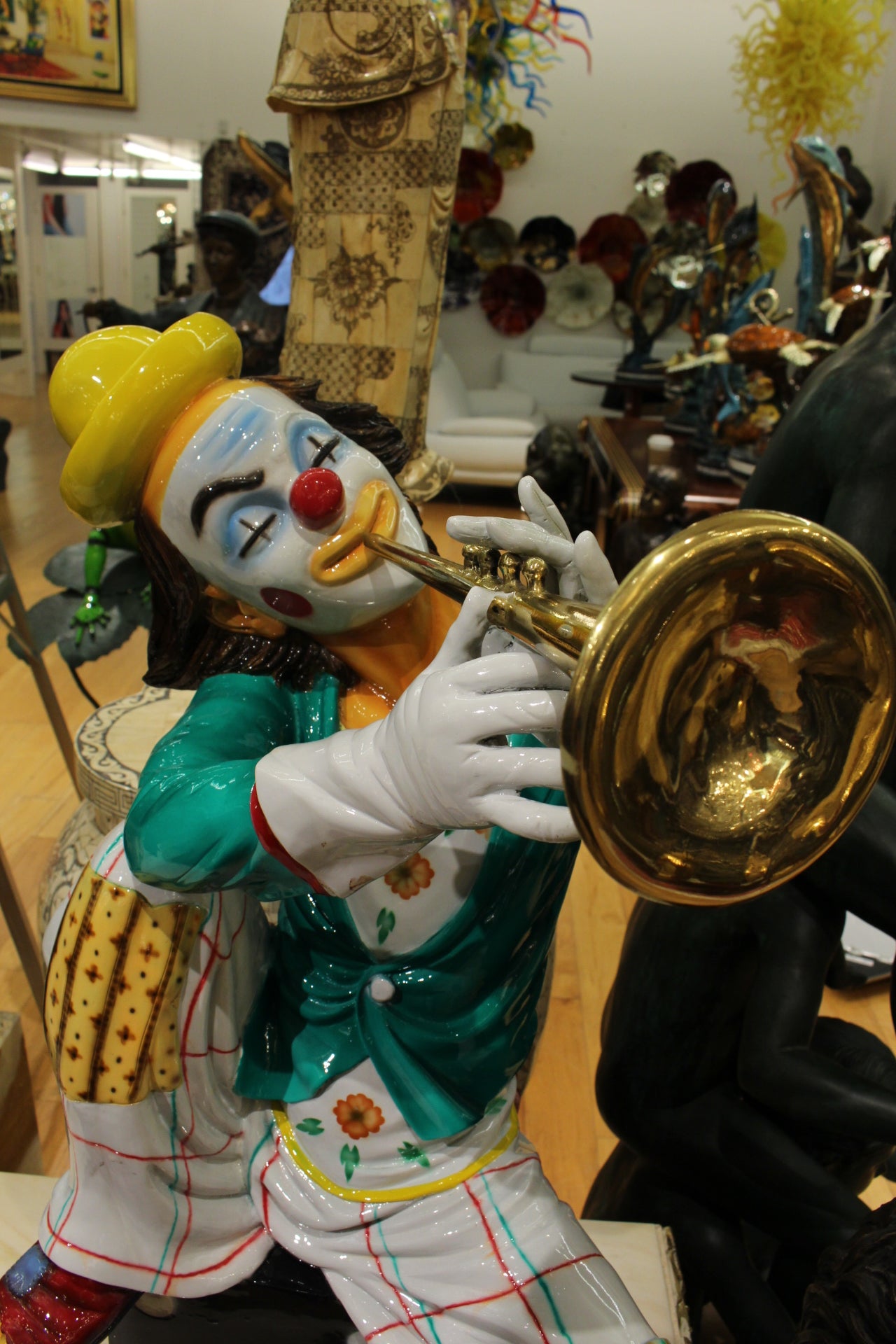 Colorful Clown Playing Instrument Bronze Statue - Size: 18"L x 13"W x 31"H.