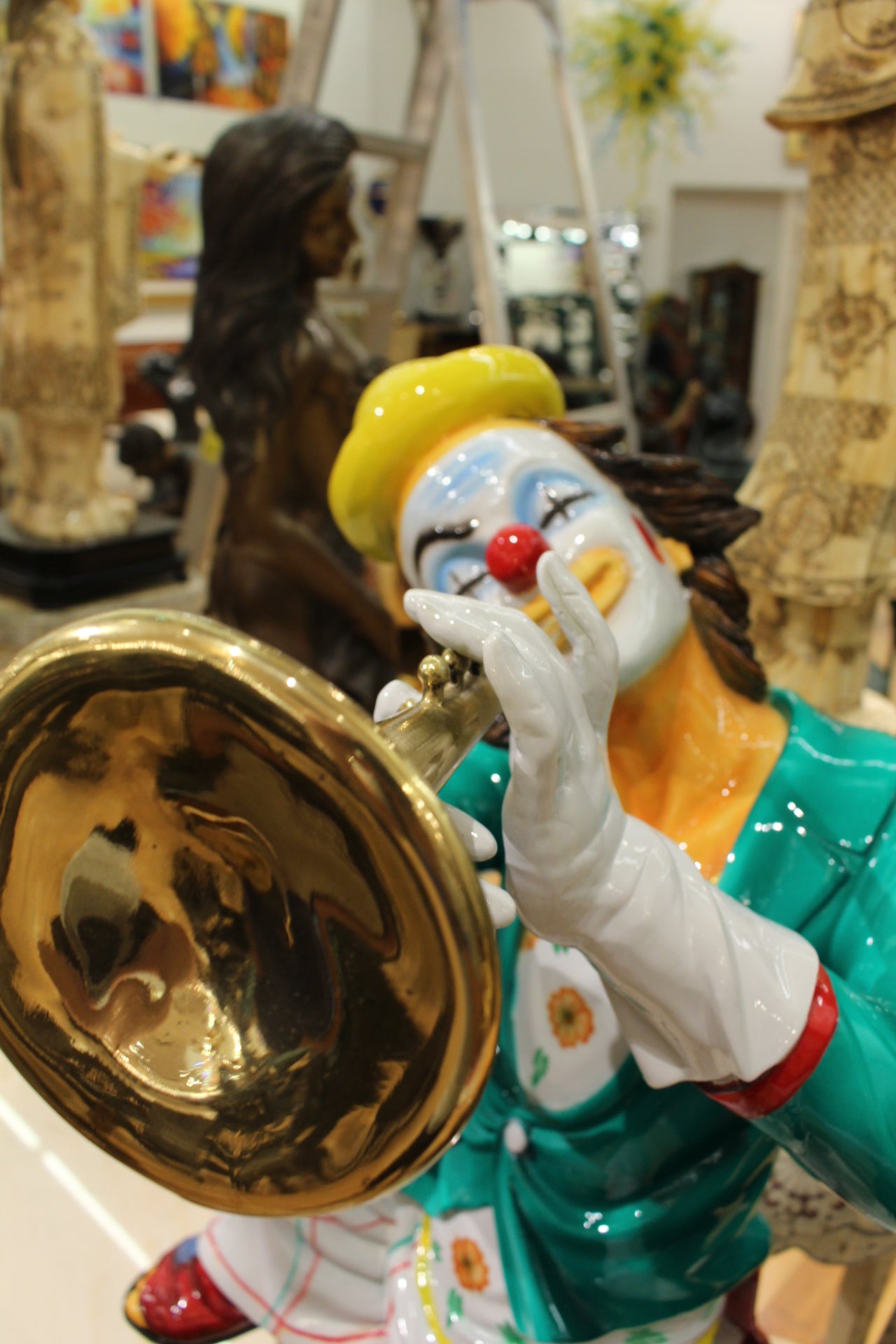 Colorful Clown Playing Instrument Bronze Statue - Size: 18"L x 13"W x 31"H.