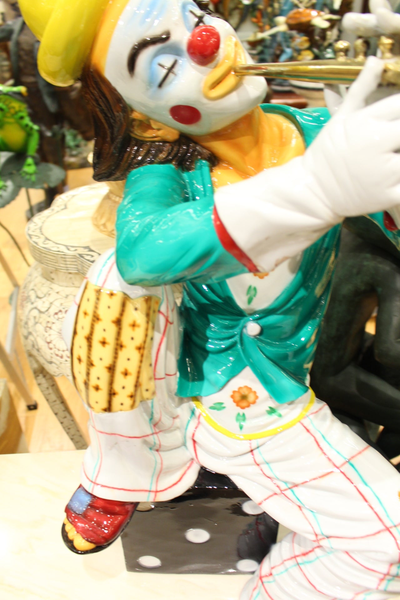 Colorful Clown Playing Instrument Bronze Statue - Size: 18"L x 13"W x 31"H.