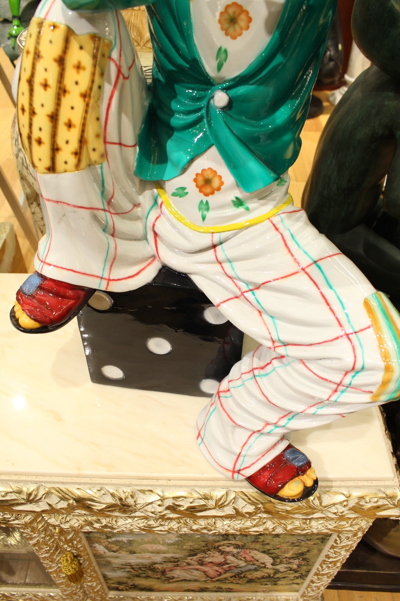 Colorful Clown Playing Instrument Bronze Statue - Size: 18"L x 13"W x 31"H.