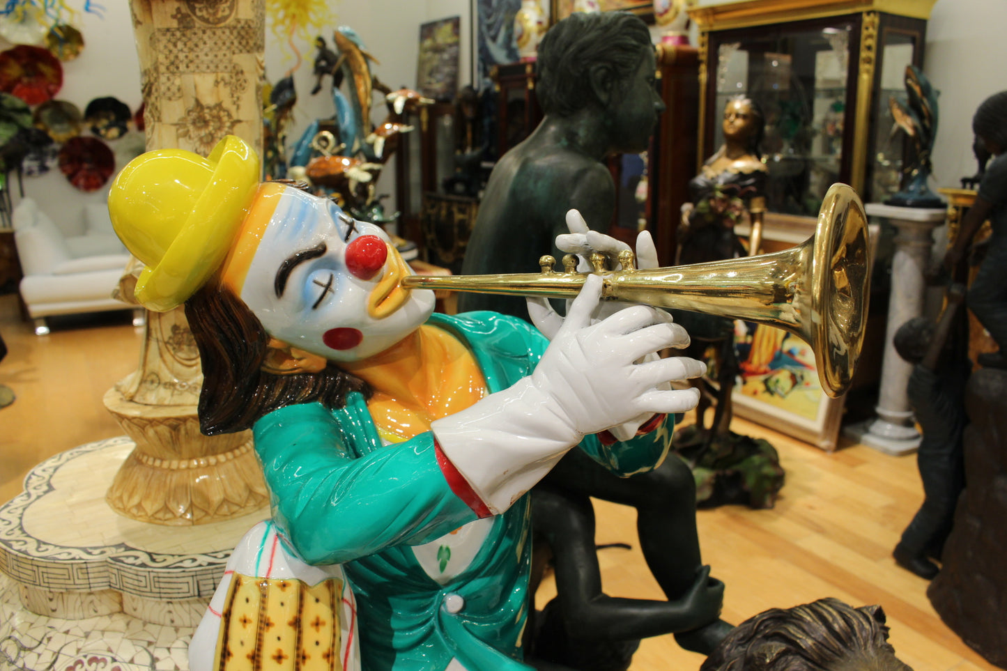 Colorful Clown Playing Instrument Bronze Statue - Size: 18"L x 13"W x 31"H.