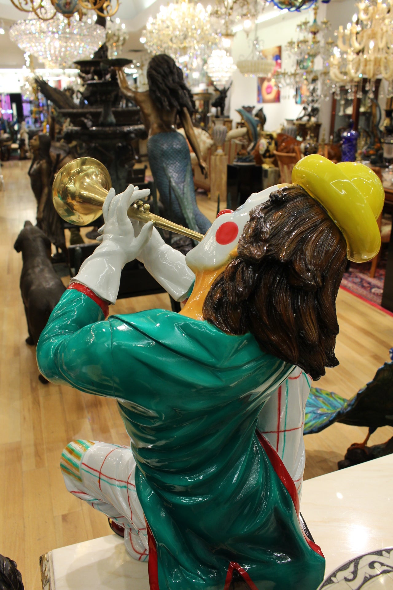 Colorful Clown Playing Instrument Bronze Statue - Size: 18"L x 13"W x 31"H.
