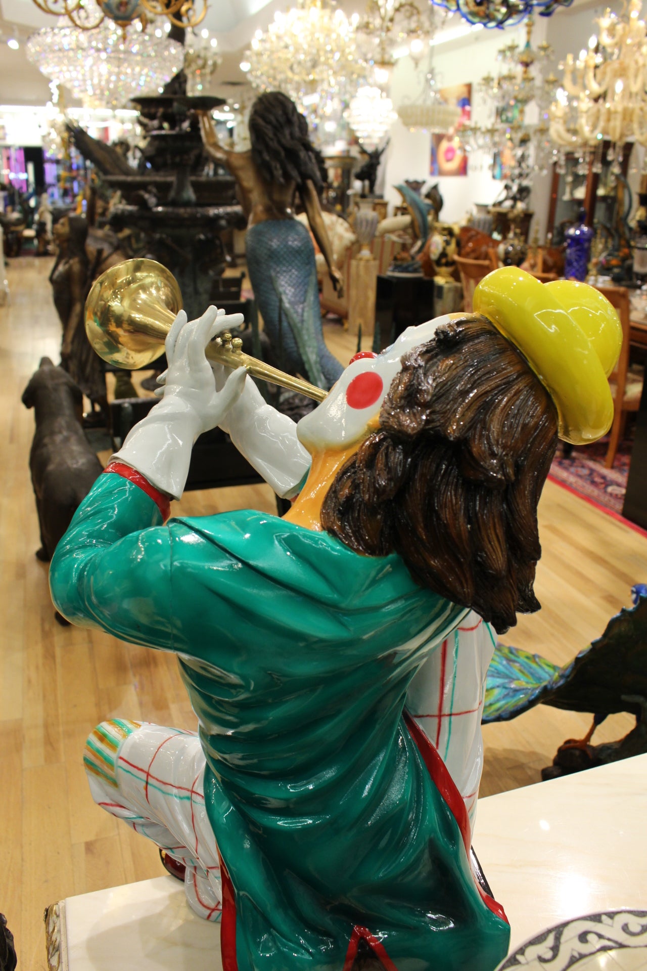 Colorful Clown Playing Instrument Bronze Statue - Size: 18"L x 13"W x 31"H.