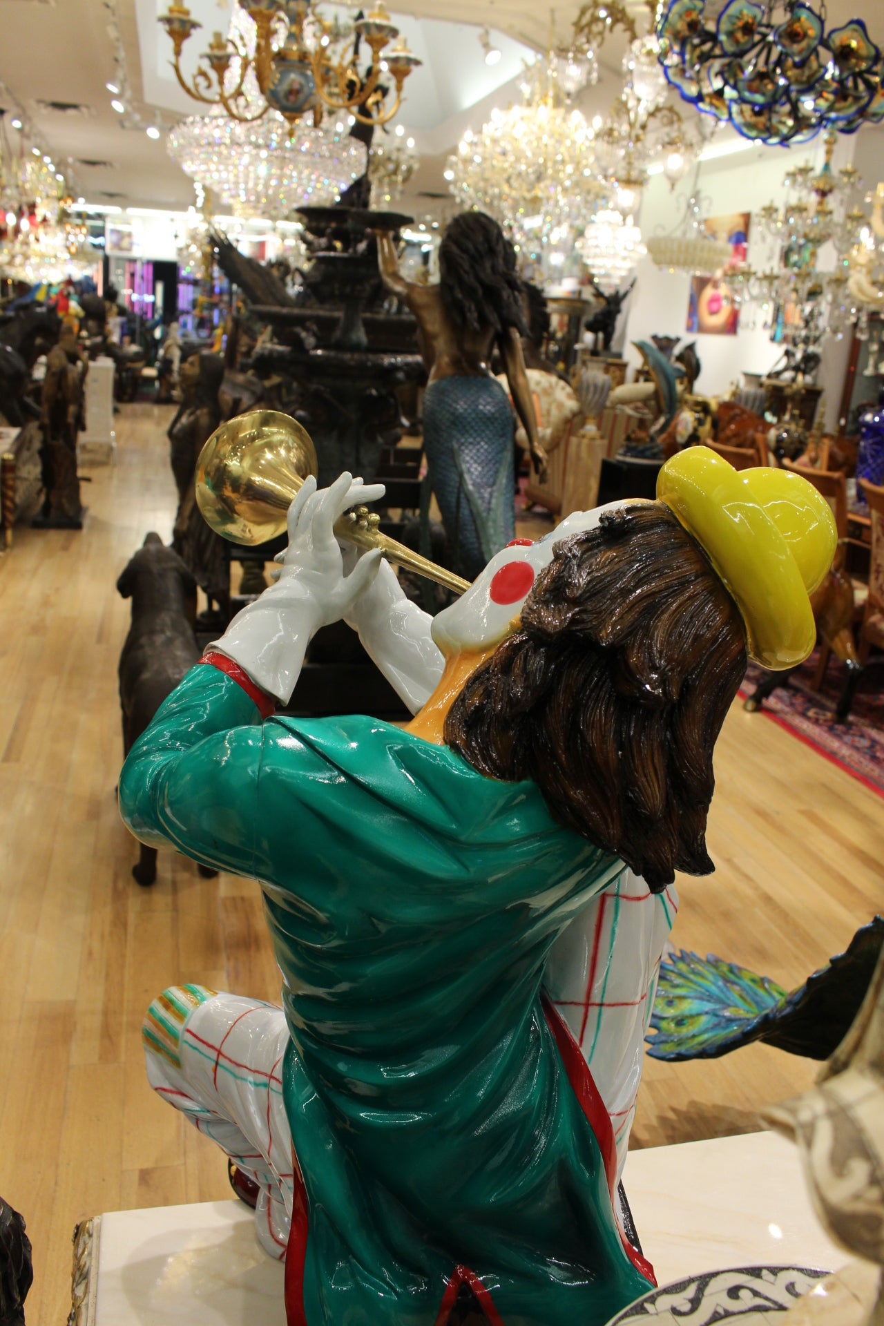 Colorful Clown Playing Instrument Bronze Statue - Size: 18"L x 13"W x 31"H.