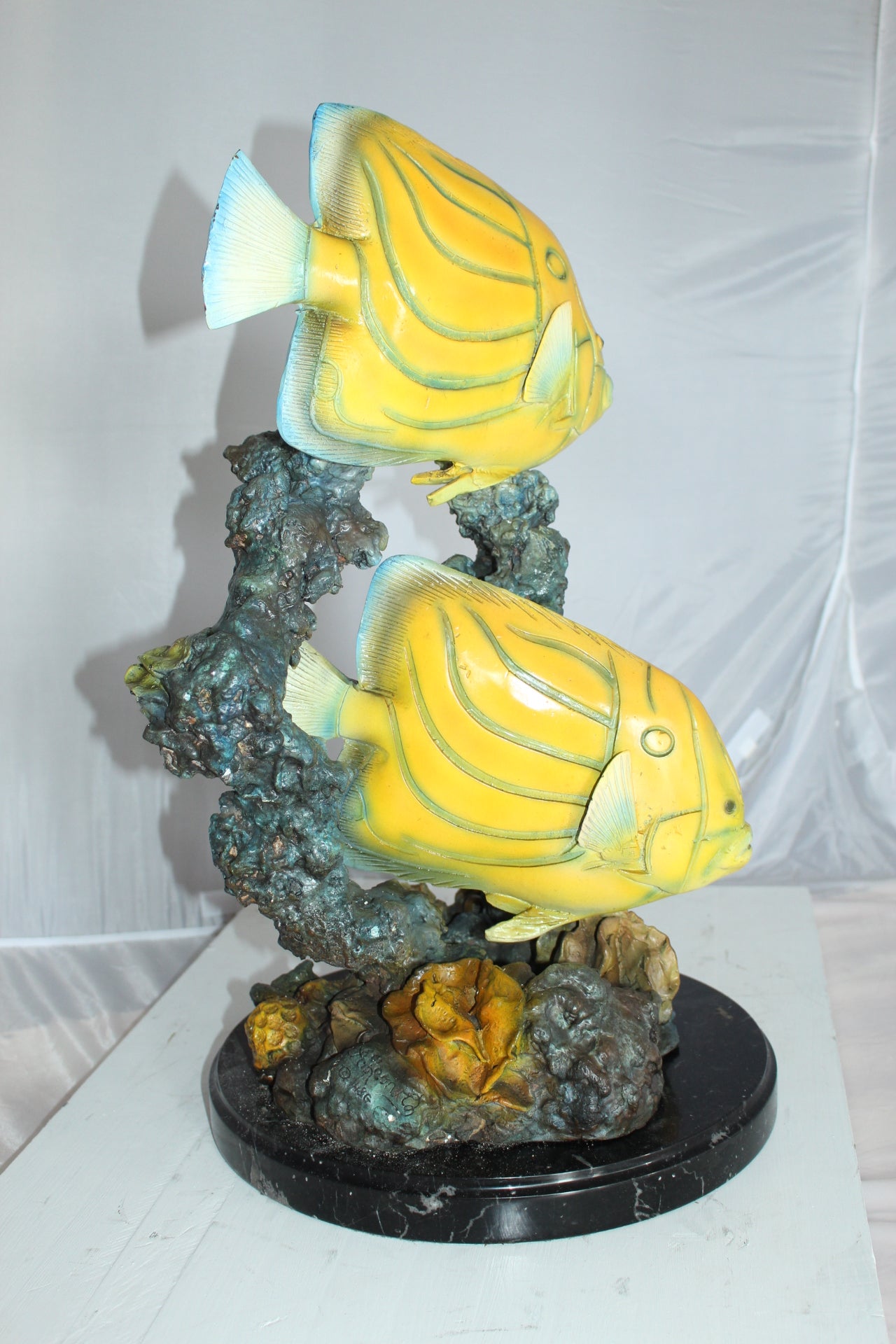 Two Butterfly fish swimming bronze statue - Size: 12"L x 12"W x 24"H.