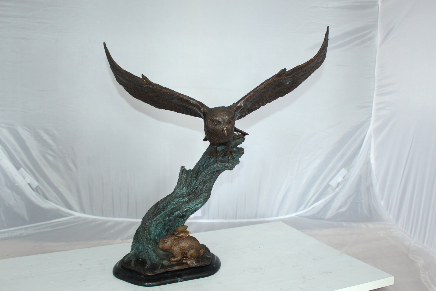 Owl with Rabbit Bronze Statue - Size: 20"L x 8"W x 22"H.
