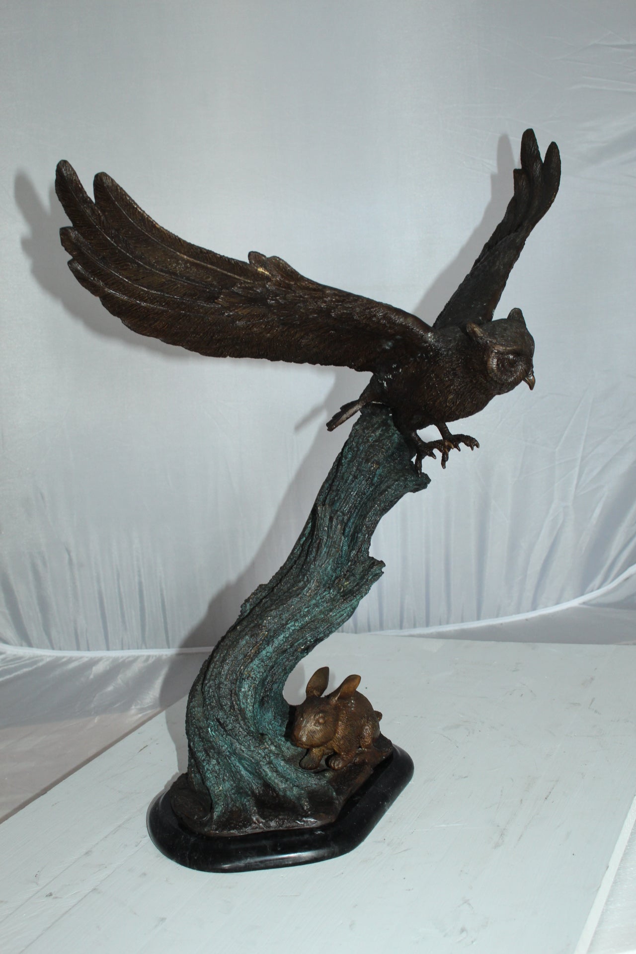 Owl with Rabbit Bronze Statue - Size: 20"L x 8"W x 22"H.