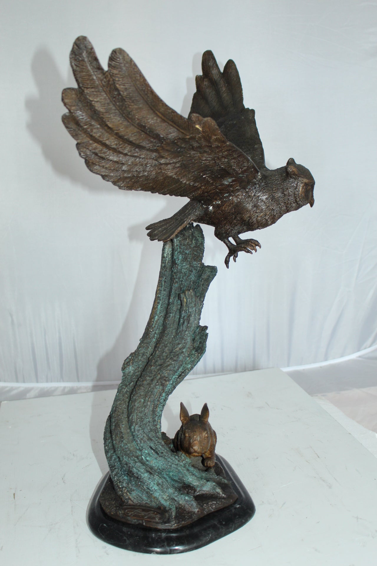 Owl with Rabbit Bronze Statue - Size: 20"L x 8"W x 22"H.