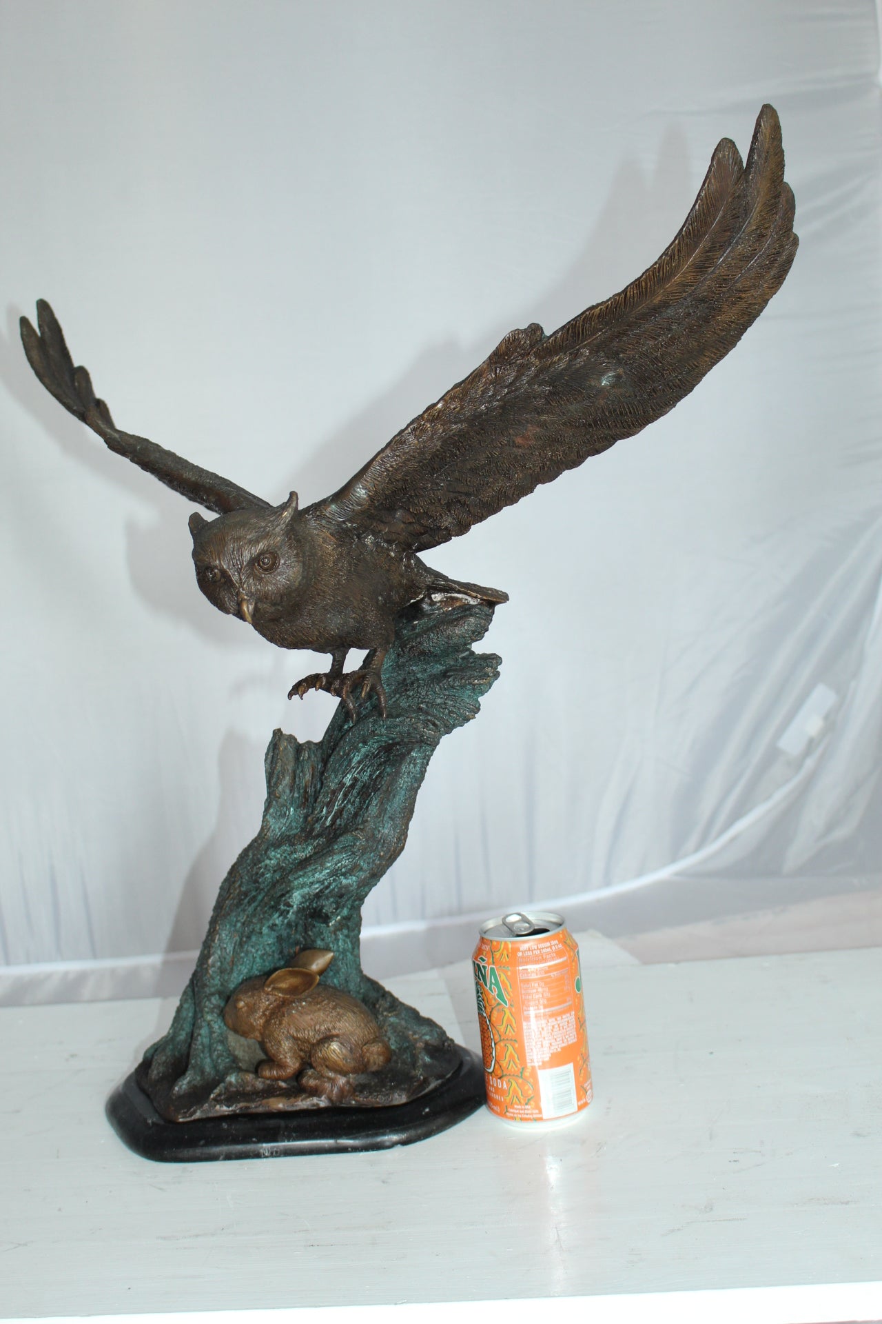 Owl with Rabbit Bronze Statue - Size: 20"L x 8"W x 22"H.