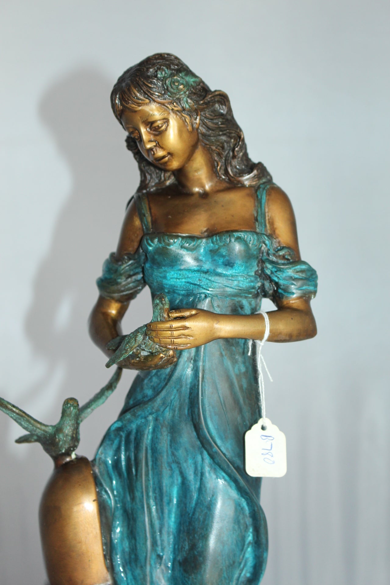 Girl with a Bird Bronze Statue - Size: 7"L x 7"W x 18"H.