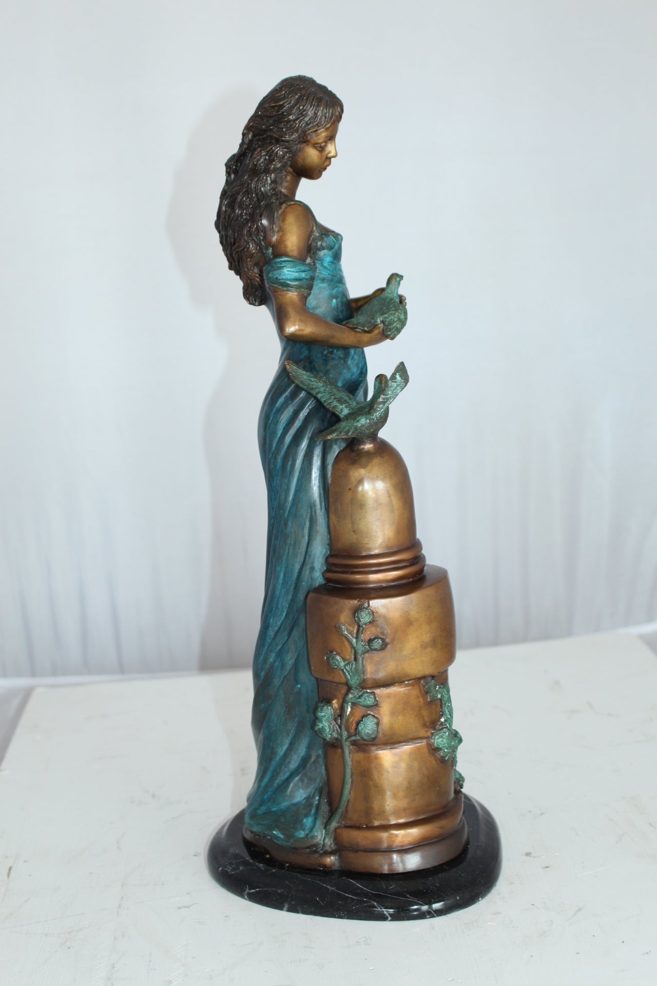 Girl with a Bird Bronze Statue - Size: 7"L x 7"W x 18"H.