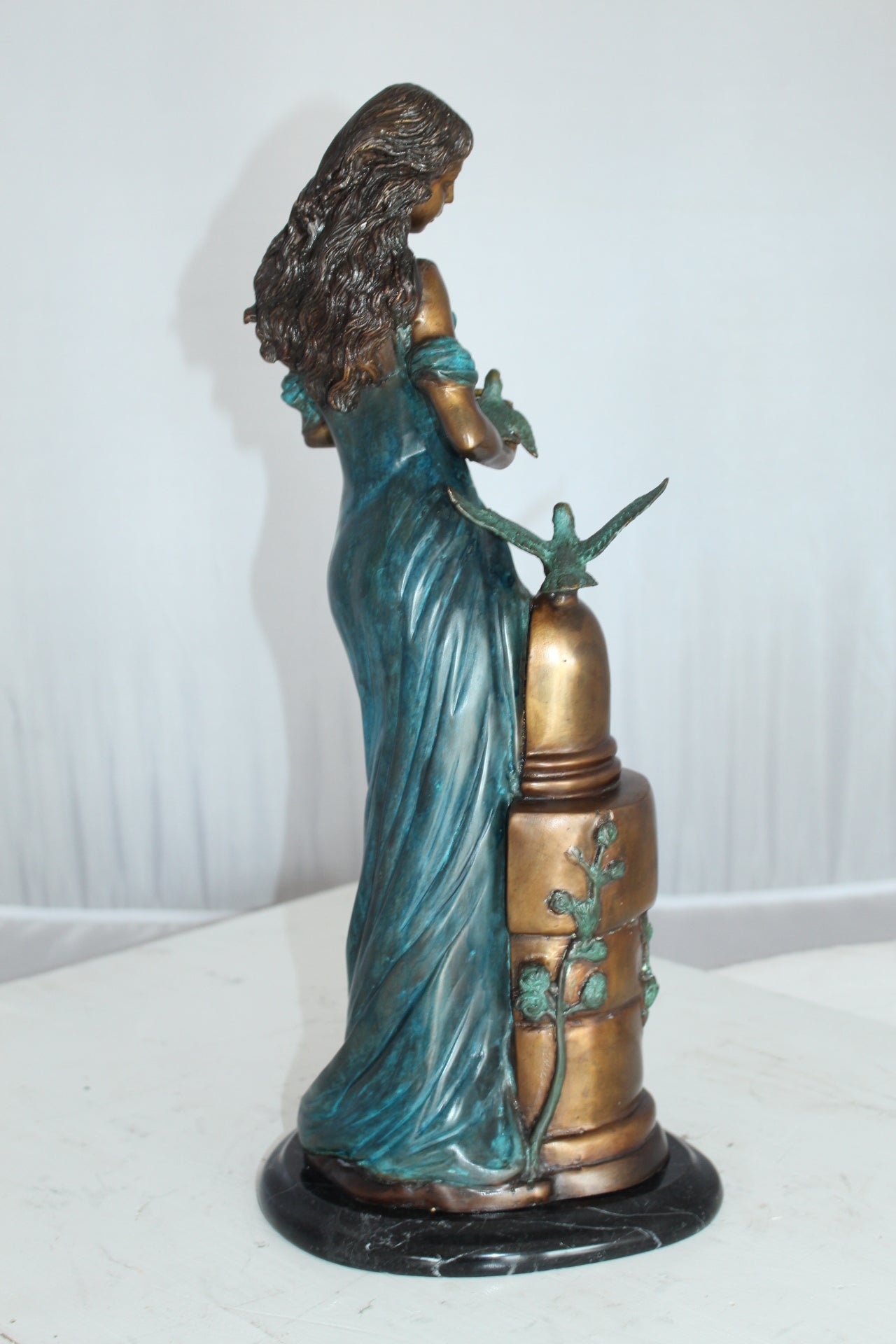 Girl with a Bird Bronze Statue - Size: 7"L x 7"W x 18"H.