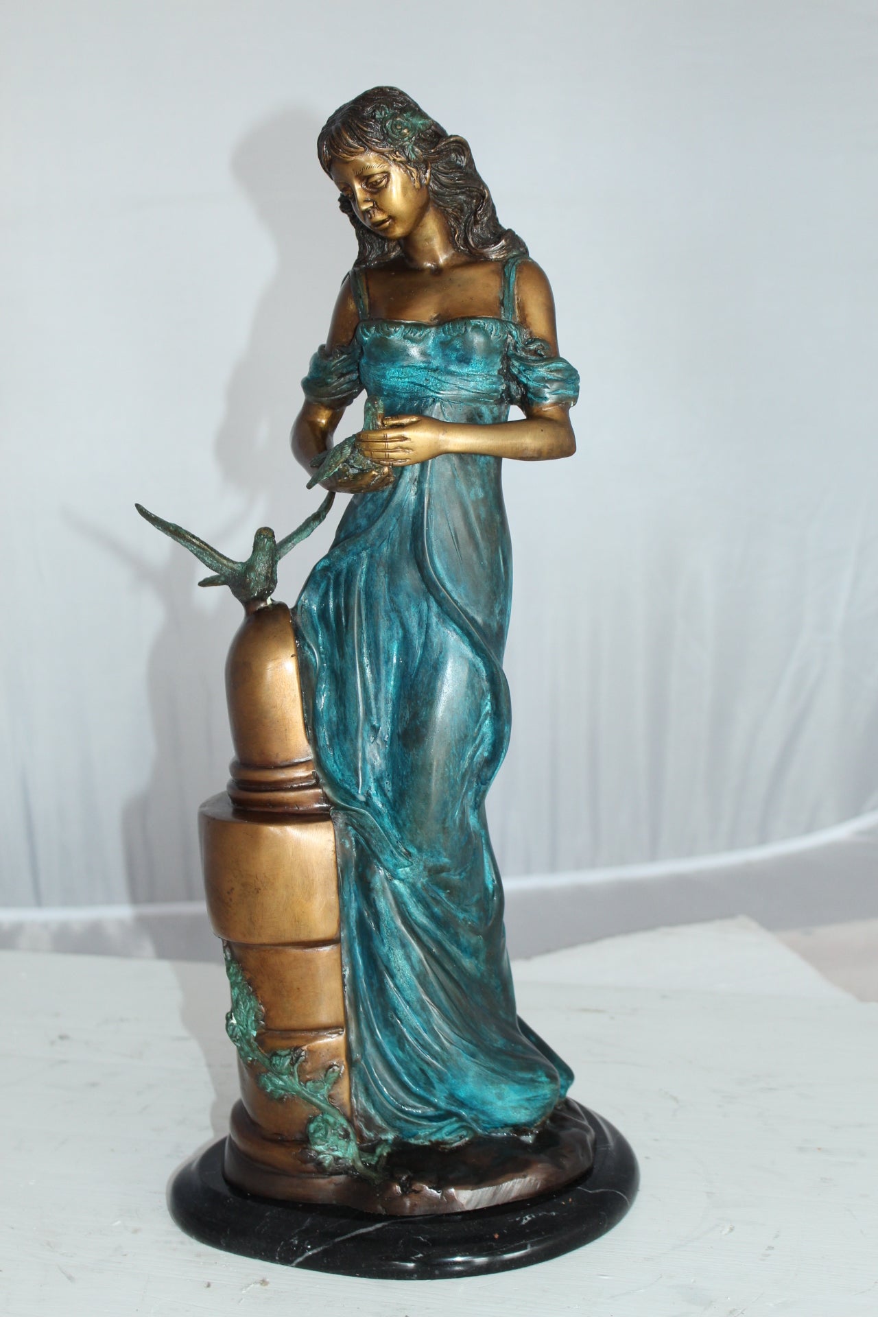 Girl with a Bird Bronze Statue - Size: 7"L x 7"W x 18"H.