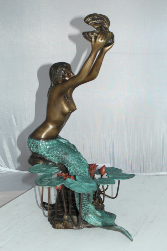 Mermaid holding a Shell Fountain Bronze Statue Art Nude -  Size: 9"L x 12"W x 20"H.