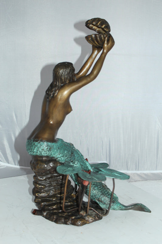 Mermaid holding a Shell Fountain Bronze Statue Art Nude - Size: 9"L x 12"W x 20"H.