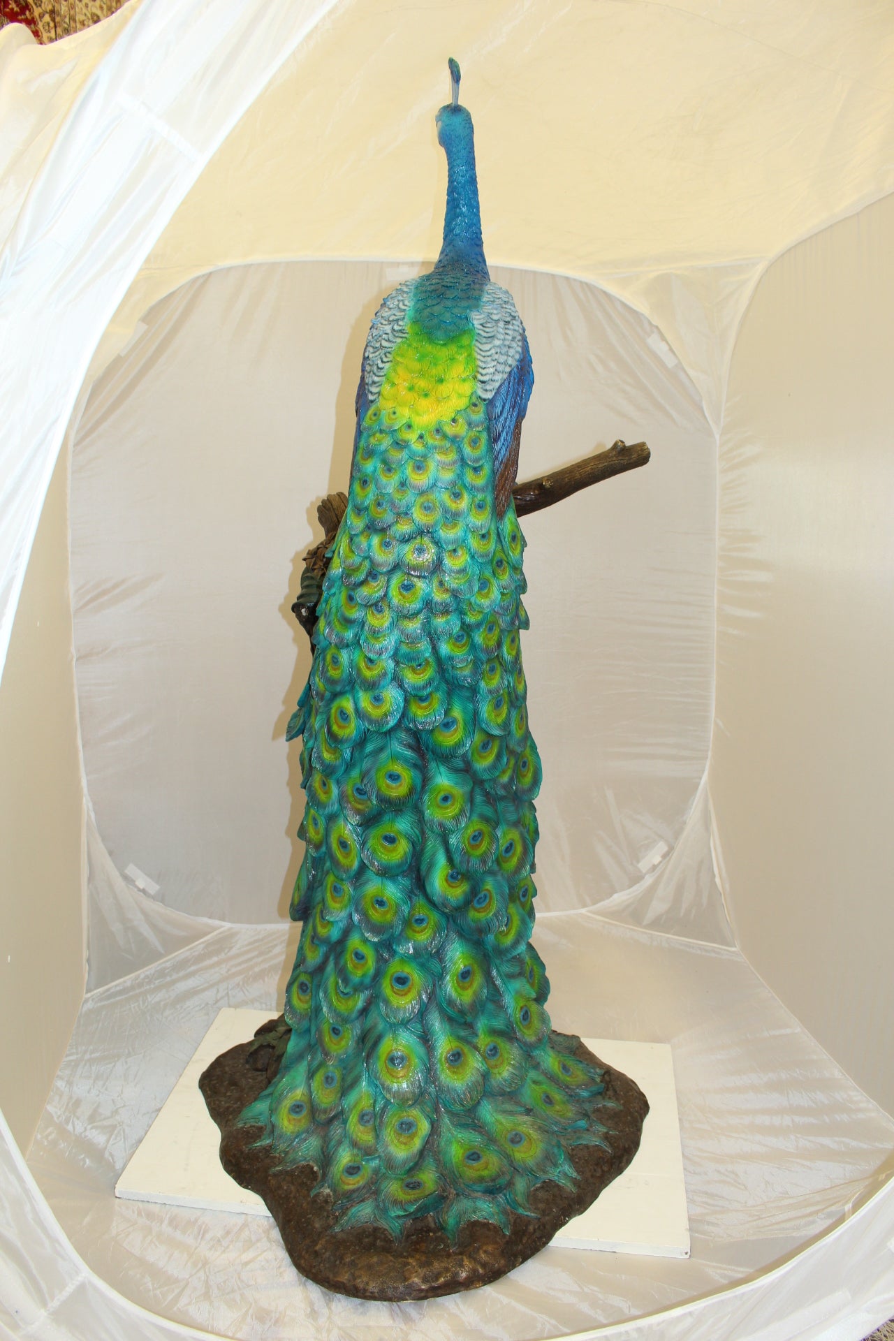 Peacock on Tree Bronze Statue - Size: 31"L x 30"W x 64"H.