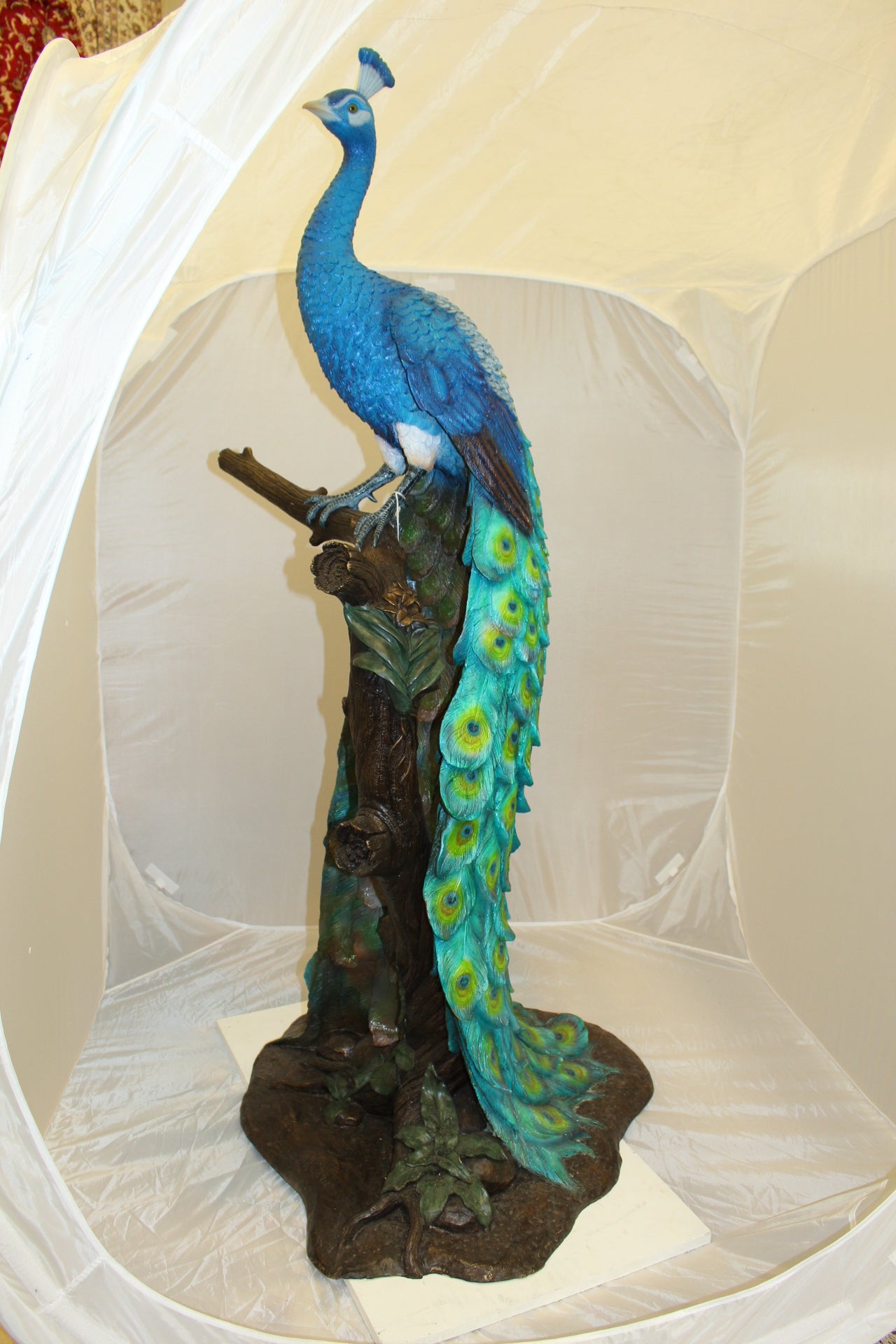Peacock on Tree Bronze Statue - Size: 31"L x 30"W x 64"H.