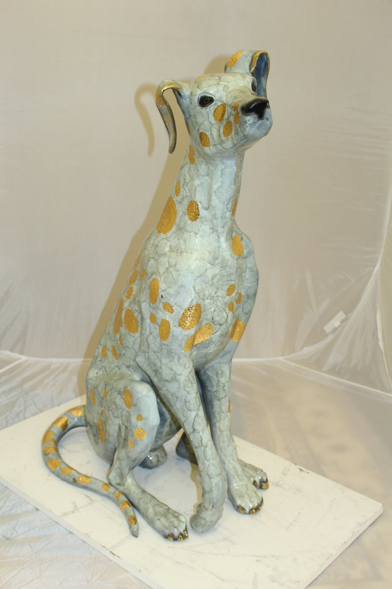Pair of Golden Pleated Dalmatians Sitting Bronze Statue - 21"L x 16"W x 35"H.