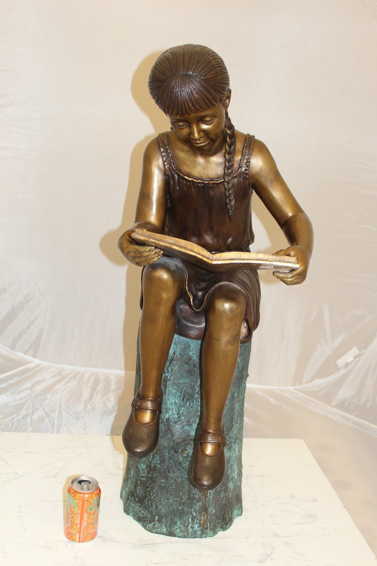 Girl Sitting on a Tree Stump Reading a Book Bronze Statue - 15"L x 17"W x 38"H