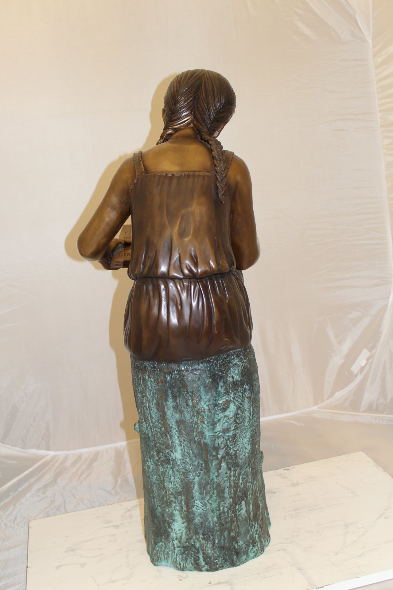 Girl Sitting on a Tree Stump Reading a Book Bronze Statue - 15"L x 17"W x 38"H