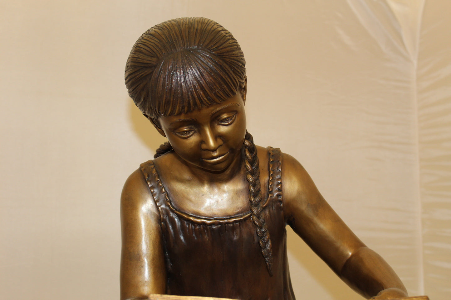Girl Sitting on a Tree Stump Reading a Book Bronze Statue - 15"L x 17"W x 38"H