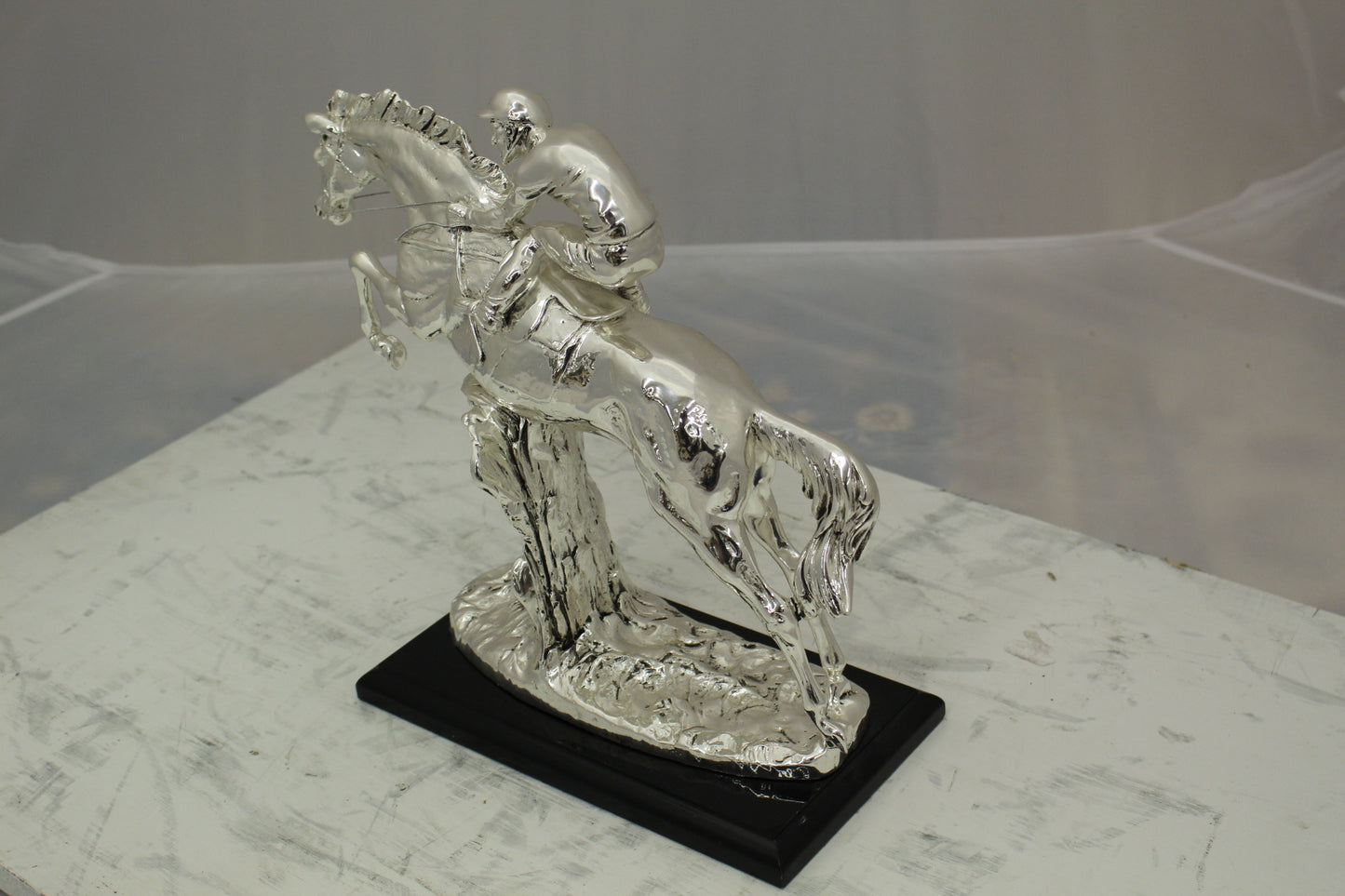 Jockey on Horse Silver Finished - Bronze Statue - Size: 13"L x 5"W x 12"H.