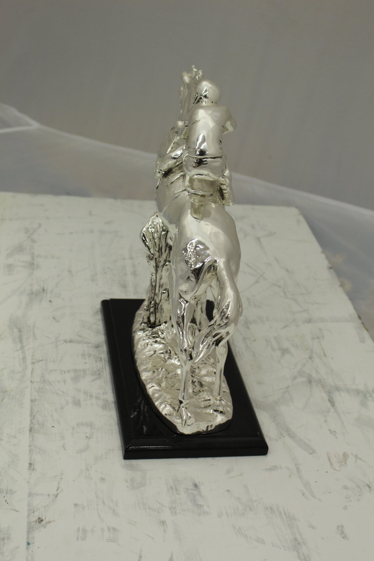 Jockey on Horse Silver Finished - Bronze Statue - Size: 13"L x 5"W x 12"H.