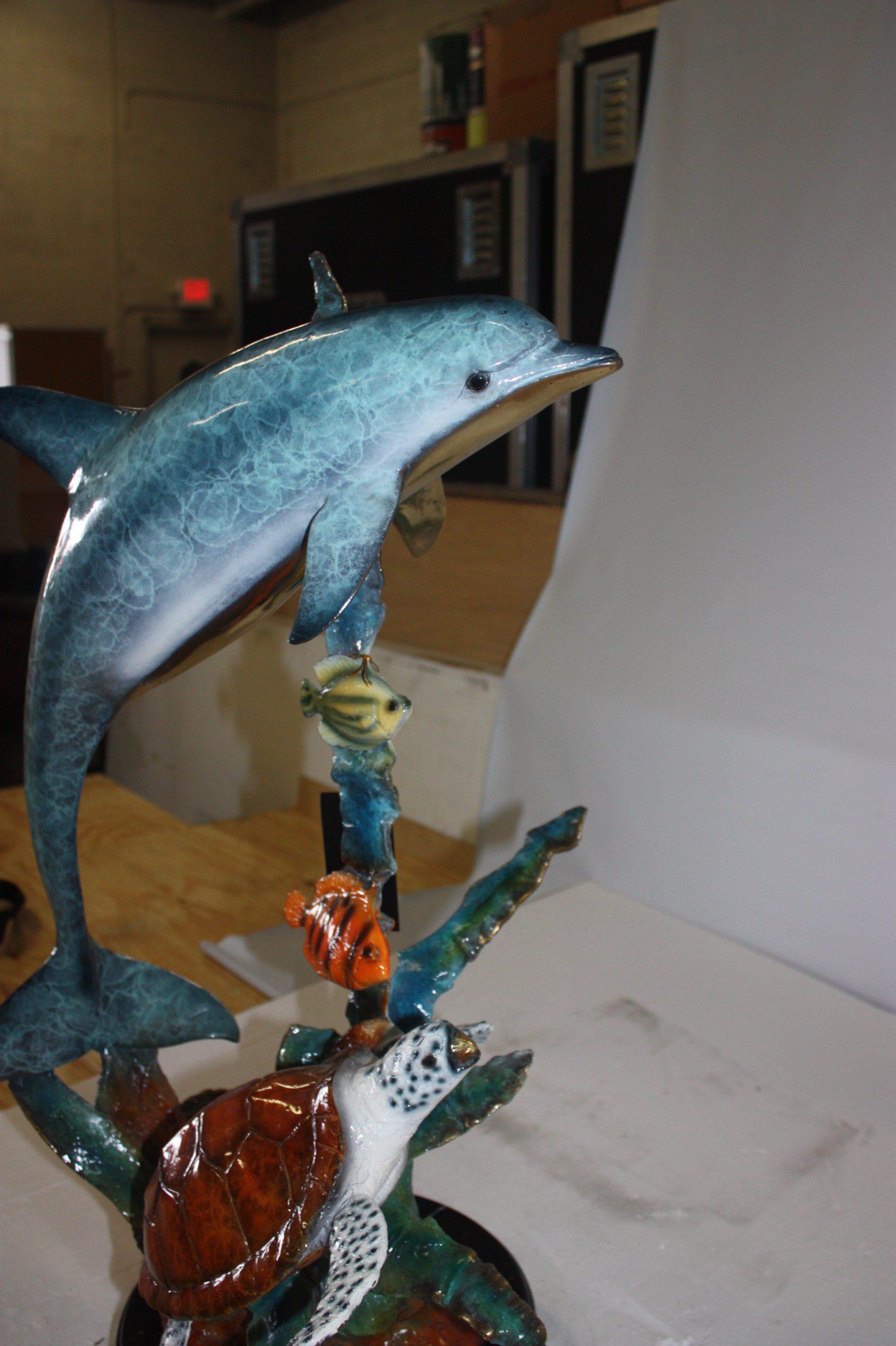 Dolphin with two fish and one turtle Statue -  Size: 22"L x 12"W x 32"H.
