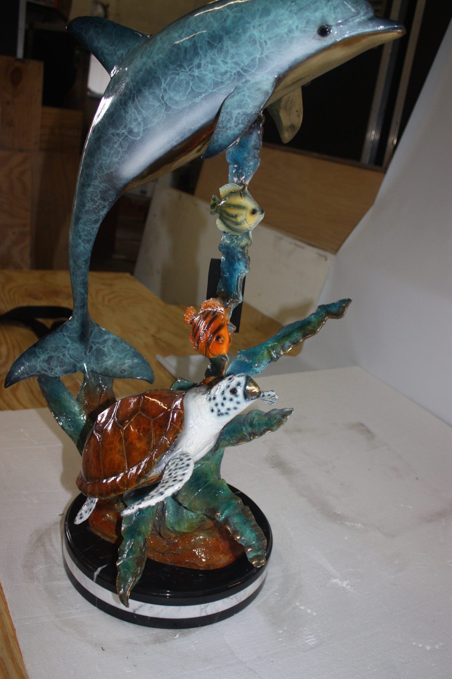 Dolphin with two fish and one turtle Statue - Size: 22"L x 12"W x 32"H.